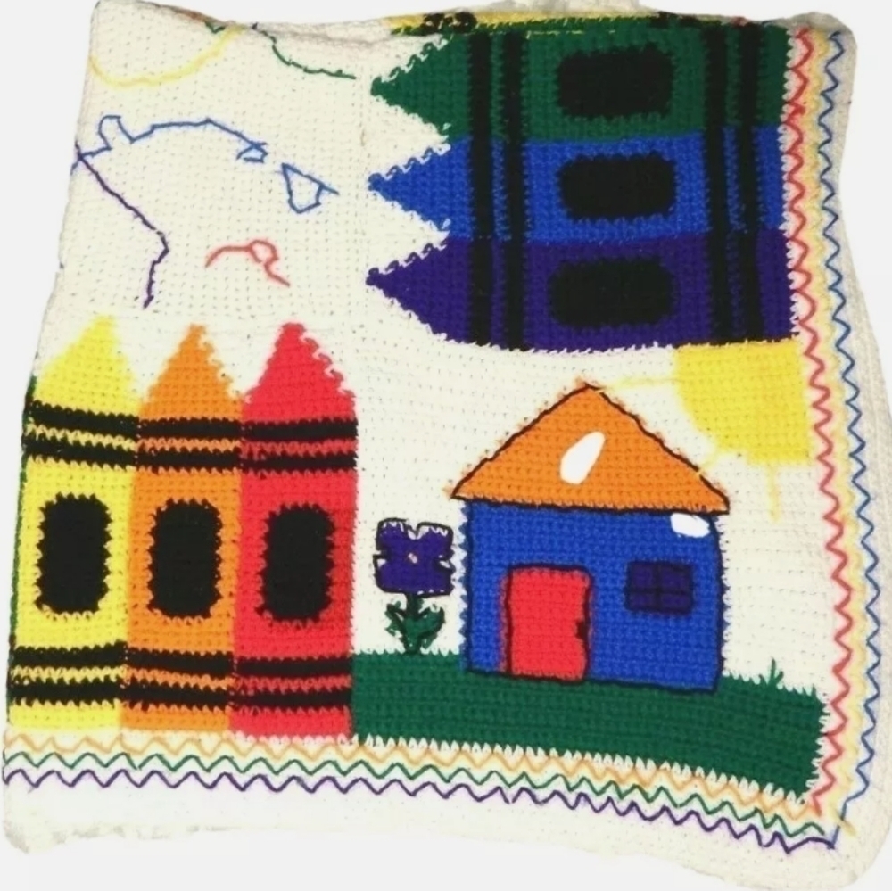 Vintage Crochet Afghan Blanket Rainbow Crayon